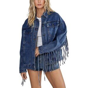 Women's Oversized Fringed Jacket Tassel Jean Jackets Cowgirl Western Denim Blue